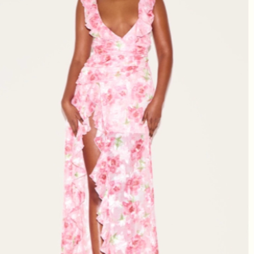 PrettyLittleThing PINK FLORAL CHIFFON FRILL PLUNGE STRAPPY MAXI DRESS